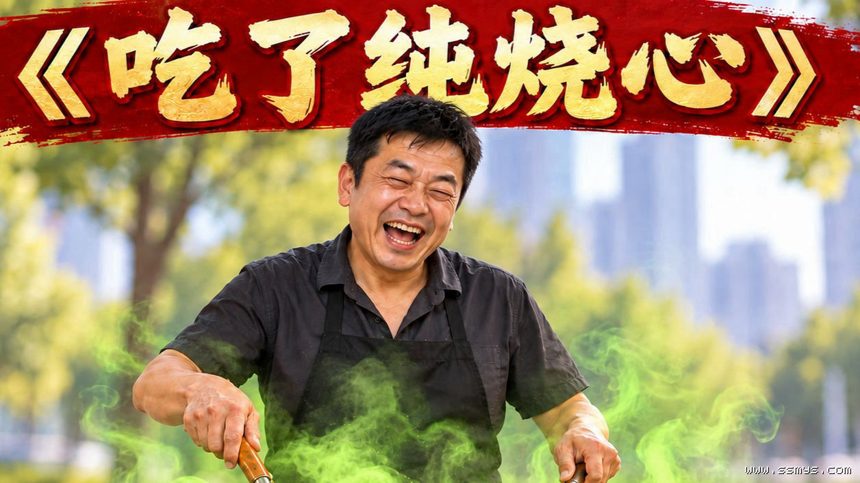 AI摆摊短剧反向二创封面,摊主上方写有“吃了纯烧心”,用于说明红果体固定台词