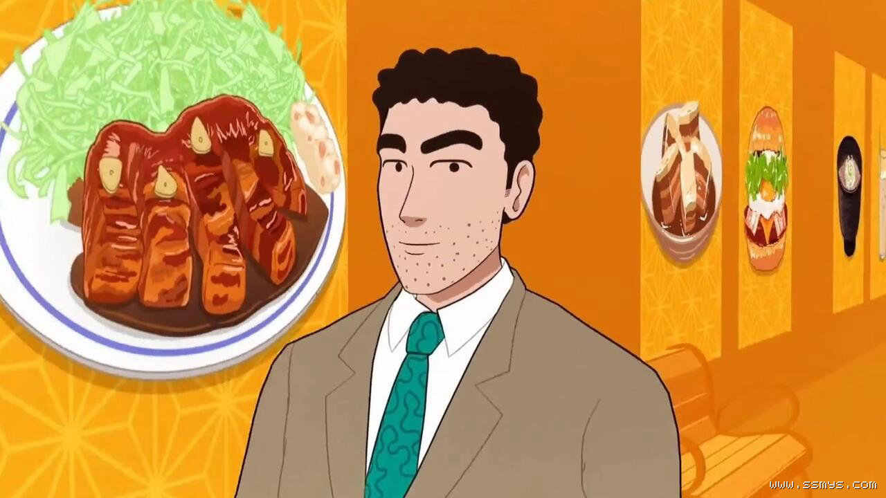 野原广志站在美食陈列前的午餐流派动画片头画面